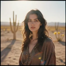 A portrait photography of a woman at the Atacama flowering desert. cinematic. kodak portra 800 film. warm light. desert mood. detailed. high quality. lens flare. swirly bokeh.