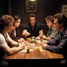 film still dnd, schwarzenegger, beckinsale, theron, lawther sit at table playing dnd, anime