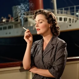 An elegant lady smoking a cigarette on the deck of a 1930s cruise ship. Film Noir still frame, dramatic lighting, high contrast