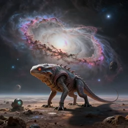 speculative evolutionary creature living on a distant alien planet with a distant alien skybox full of a beautiful planetary nebula
