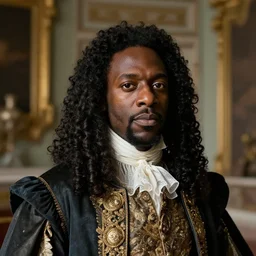close up, halfling black skin man, extravagant baroque clothes, alone in his mansion, head and torso portrait by dave dorman and johan grenier