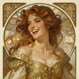 aristocrat laughing, female, d & d, fantasy, intricate, elegant, highly detailed, brown hair, digital painting, artstation, octane render, concept art, matte, sharp focus, illustration, hearthstone, art by artgerm, alphonse mucha johannes voss