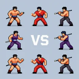 set of versus game  , game asset of six fighters moving  pixel art 36 bit, game pack, assets , trending on artstation , assets, HD , strong contrast, pixel art 36 bit