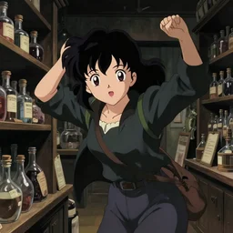 anime visual, dark portrait of a young female traveler in a alchemist's potion shop interior shopping, low light, cute face by ilya kuvshinov, yoh yoshinari, makoto shinkai, dynamic pose, dynamic perspective, cel shaded, flat shading mucha, crisp and sharp, rounded eyes, moody, detailed facial features, 8 0 s anime