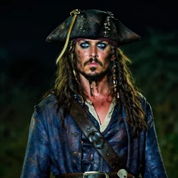 portrait photo of a pirate captain with blue eyes and long brown bear and hair, faded worn big blue coat and black hat, rugged and dirty, night time, 50mm sigma lens, movie shot, color graded, 4k trailer