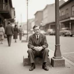 a gentlemen sitting in the middle of the street old 1950 photograph