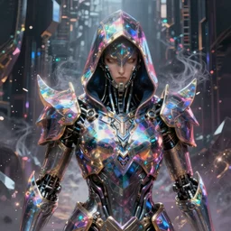 Ultra realist and ultra intricate detailed painting of an powerful hooded armor iridescent elite assassin, human face biomechanical complex body, 3D render, symmetry, rich style, glowing iridescent sparks and smoke behind, crystallic cyberpunk megastructure background, artstation, colorful, badass, dark ominous stealth, unreal render, depth of field