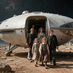 detailed, sharp, film still from a sci fi blockbuster movie made in 2022, set in 1860, of a family leaving a spaceship, that has just landed on an alien planet, wearing 1850s era clothes, good lighting, 4k, HD, sharp focus