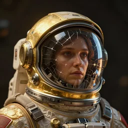 a photo of a gold science - fiction astronaut helmet with cracked glass visor showing a face, unreal engine, raytracing,