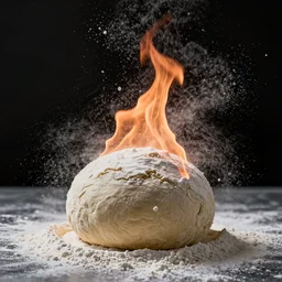 a ball of dough glowing inside, flour dust, backlit, black background, particles, fire, high quality action photography, studio photo, 50mm, bokeh