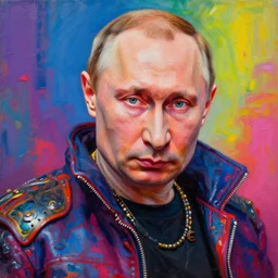 vladimir putin as an apocalyptic scifi orcish biker character, psychedelic vibrant colors, futuristic punk rock fashion, oil painting by michael whelan art, perfect face, sharp focus, detailed eyes, realistic, 8 k