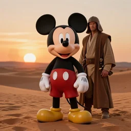 photoshoot of mickey mouse as obi - wan kenobi, tatooine, sunset, star wars, photorealistic - h 6 4 0