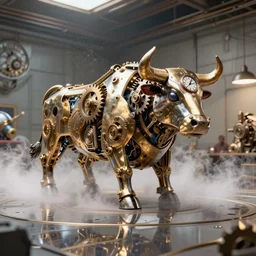a clockwork mechanical bull there are gears sticking out of the bull the room is filled with steam coming from below the floor, ultra high detail, high particle effects, highly reflective surface, realistic reflections