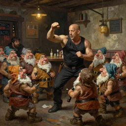vin diesel fighting a gang of dwarves in a tavern, an oil painting by ross tran and thomas kincade