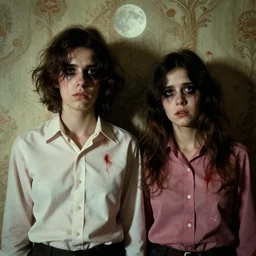 two beautiful but creepy young nonbinary people wearing oxford button down shirts in layers of fear, with haunted eyes and wild hair, 1 9 7 0 s, seventies, wallpaper, a little blood, moonlight showing injuries, delicate embellishments, painterly, offset printing technique, by john howe, brom, robert henri, walter popp