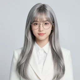 portrait of a beautiful and cute round face korean girl with long silver hair wearing round glasses in a white trendy clothes