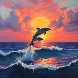 a beautiful sunset over the ocean, dolphins leaping, ayahuasca purge, magic halo, broken soul, deep sickness oil paint, surrealist highly detailed at, ethereal, trending on art station, emotional surrealism oil painting, tears, crying, glitching squares, very very very very very beautiful