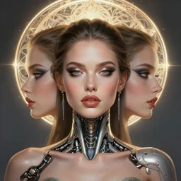 symmetry portrait of jodi arias cyborg, glam, deco, glowing halo intricate, elegant, highly detailed, digital painting, artstation, concept art, smooth, sharp focus, illustration, art by artgerm and greg rutkowski and fra angelico and unreal engine 5