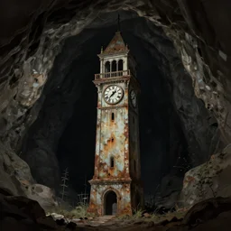 an abandoned old,rusty, clock tower in a dark enormous cave, painting, illustration, Concept art, art station, DeviantArt