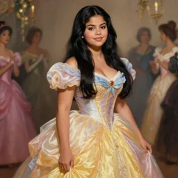 beautiful thirty year old woman with long black hair, tan skin, curvy hourglass figure, round cute face, slightly resembles selena gomez wearing a colorful disney princess gown at her birthday party. beautiful painting by bouguereau and artgerm