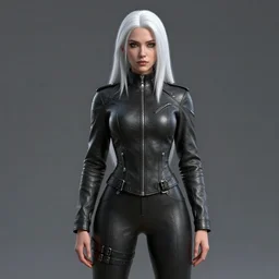 a full body portrait of a female wearing a skintight leather jacket long white hair, trending on artstation, artstationhd, artstationhq, full body shot, cycles render, octane render, unreal engine, detailed body, detailed face, artwork by tooth wu and wlop and beeple and greg rutkowski