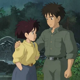 a nostalgic anime key shot of a man saying goodbye to his father for the last time at the graveyard, medium shot, waist up, studio Ghibli, Pixar and Disney animation, sharp, Rendered in Unreal Engine 5, anime key art by Greg Rutkowski, Bloom, dramatic lighting, sad, intense emotions, rain
