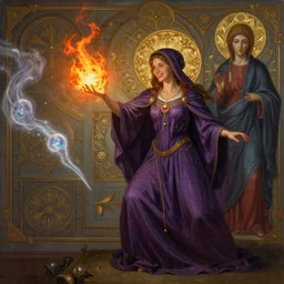 breathtaking detailed concept art painting of a smiling female sorceress casting fireball chasing will-o-wisp , orthodox saint, ornate background