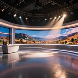 super detailed v-ray render, news studio set, wide shot highly reflective light