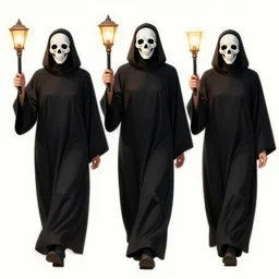 pop art of cultists wearing black robes and skull masks with a lamp on their right hand walking on a burning field during the night, bright neon colors, intricate details, complementary colors, detailed face, backlighting, extremely detailed, trending in artstation, focus on face, sharp focus, radiant light, beautiful composition, drawn by roy lichtenstein, keith haring, romero britto