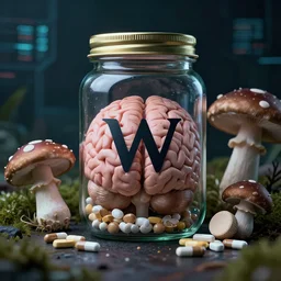 awesome logo on jar of a brain and mushroom and pills with dark techno, lifelike, photo, 8 0 mm, kodak, advert, hyperrealism, photography, sharp focus, lush detail, award winning,