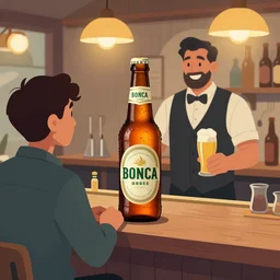 a anthropomorphic bottle of beer, customer, stands in front of a bar waiting to be served by the bartender
