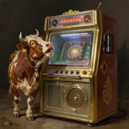a cow singing karaoke in a karaoke machine, very beautiful fantastic painting D&D Concept Art, full length, ultra Realistic, Regal, Refined, Detailed Digital Art, Exquisite detail, post-processing, masterpiece, Cinematic Lighting, Unreal Engine, 8k, HD
