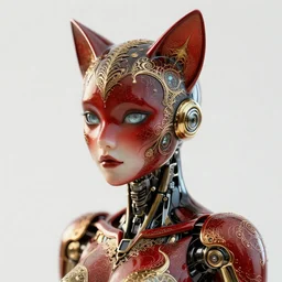complex 3 d render of a beautiful porcelain cyberpunk robot - cat woman face. red gold and black, fractal veins. dragon cyborg, 1 5 0 mm, beautiful natural soft light, rim light, gold fractal details, fine lace, mandelbot fractal, anatomical, glass, facial muscles, elegant, ultra detailed, metallic armor, octane render, depth of field