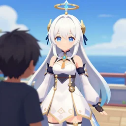 Northern Ocean princess, a character from Kantai Collection in vrchat looking at a random person from VRChat she has white hair