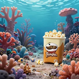 an overgrown coral seascape with otherworldly flora and a lil popcorn who is a good pringle but only a couple of days away from giving a birthday present to a 4 d hyperspace, render, pringles, 4 k, octane render!