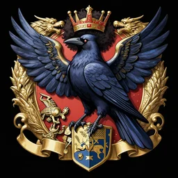 mythical crow of wisdom with full colour on sheild, family crest, coat of arms, afro samurai anime style, very detailed, symmetrical, full frame, dramatic shading, jonathan pointer, janie penny,