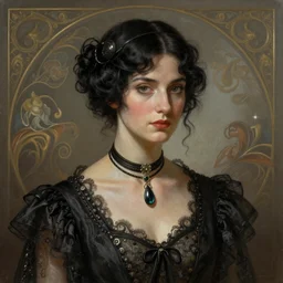a portrait of a woman with black hair, dressed in 1920's fashion, D&D, fantasy, intricate, elegant, highly detailed, digital painting, artstation, concept art, matte, sharp focus, illustration, art by Artgerm and Greg Rutkowski and Alphonse Mucha