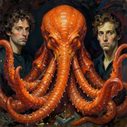 portrait of orange cthulhu by cedric peyravernay and egon schiele