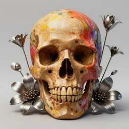 colorful wooden skull in steel flowers by rembrandt and lise deharme and artgerm, digital art, detailed masterpiece