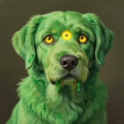 hyperrealist, studio ghibli painting of a green labrador retriever with shaggy green fur and green dye opening its third eye, cyclops dog, three eyes, middle eye is glowing yellow, third eye in the middle of the head