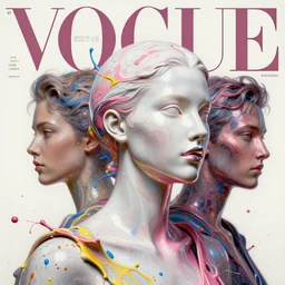 3 d, marble head of fashion model, liquid white and pink metal, paint splatters, blue and yellow and red paint splash, paint drops whirling in the air, vogue cover style, poster art, high detail, intricate oil painting, multiple exposure, stanley kubrick mood, hyperrealism, 3 d, by tooth wu and wlop and beeple and greg rutkowski