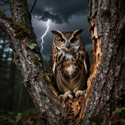 a brown owl with big eyes making a hole in an oak tree, ultra realistic, professional picture, dark colors, dark background, glossy lighting, thunderstorm forest