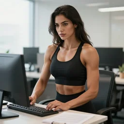 a beautiful very muscular woman working in an office, pretty face