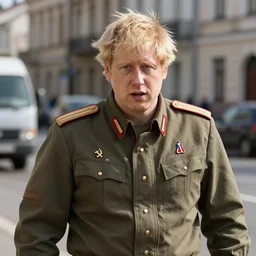 boris johnson with ussr military uniform on in kyiv, realistic, long shot, sunny lighting, octane render, gq magazine, hyper realistic, high quality, highly detailed, hd, beautiful, cinematic, 8 k, unreal engine, facial accuracy,