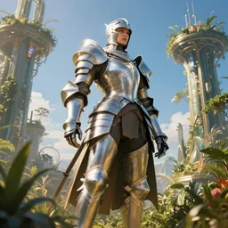 a Big and strong full armored female knight in a high tech botanical world with blue skies | style of boris vallejo, vincent callebaut, dramatic light | high detail | cinematic lighting | pristine metals, glass, plants | solarpunk | golden hour | volumetric lighting | concept art |