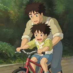 a wholesome anime key shot of a father helping his son learn how to ride the bike for the first time, medium shot, waist up, studio Ghibli, Pixar and Disney animation, sharp, Rendered in Unreal Engine 5, anime key art by Greg Rutkowski, Bloom, dramatic lighting, happy, intense emotions