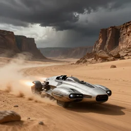 concept design of starwars - esque speeder racing through a black desert, storm clouds and deep canyons in the background, dust cloud trailing, golden ratio, soft natural lighting, natural colors, sci - fi vehicle, bright propulsion, motion blur, by sid mead simon stalenhag and james gurney, intricate detail, octane render, unreal engine