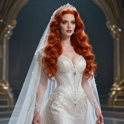epic professional digital art of stunningly gorgeous redhead female starship bride in futuristic bridal gown by leesha hannigan, iris van herpen, artstation, cgsociety, wlop, epic, much wow, much detail, gorgeous, detailed, masterpiece