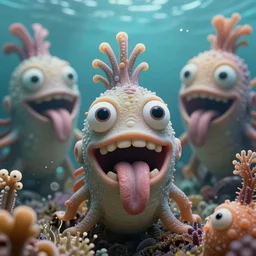 of an intricate deep sea with strange cute friendly happy creatures with huge eyes, mouth, long tongue, round teeth and goofy face, appearing from the background, in the style of gehry and gaudi, macro lens, shallow depth of field, ultra detailed, digital painting, trending artstation, concept art, illustration, cinematic lighting, photorealism, epic, octane render