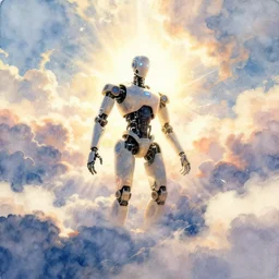 radiant clouds parting to reveal a robotic human figure, sunlight flooding through the empyrean clouds, watercolor painting, trending on artstation